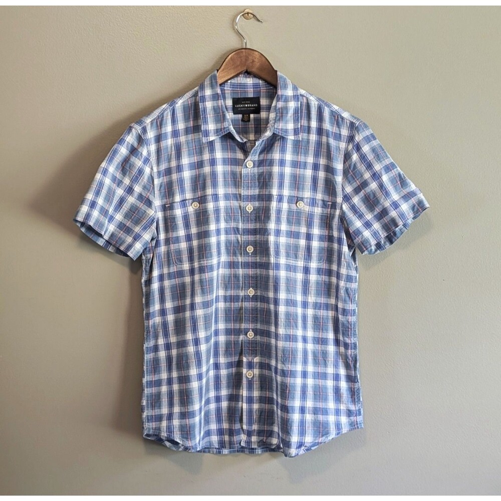 Lucky Brand Mens Small Blue Plaid Check Shirt Short Sleeve Cotton Button Down S